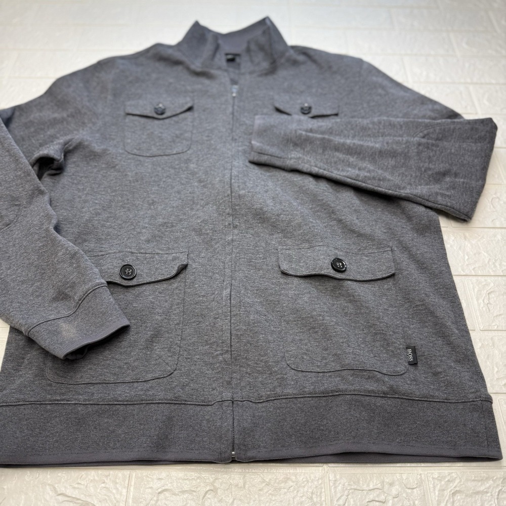 Hugo Boss Grey Zip Up Jacket Men XL Cotton Blend Button Pockets Stand Collar